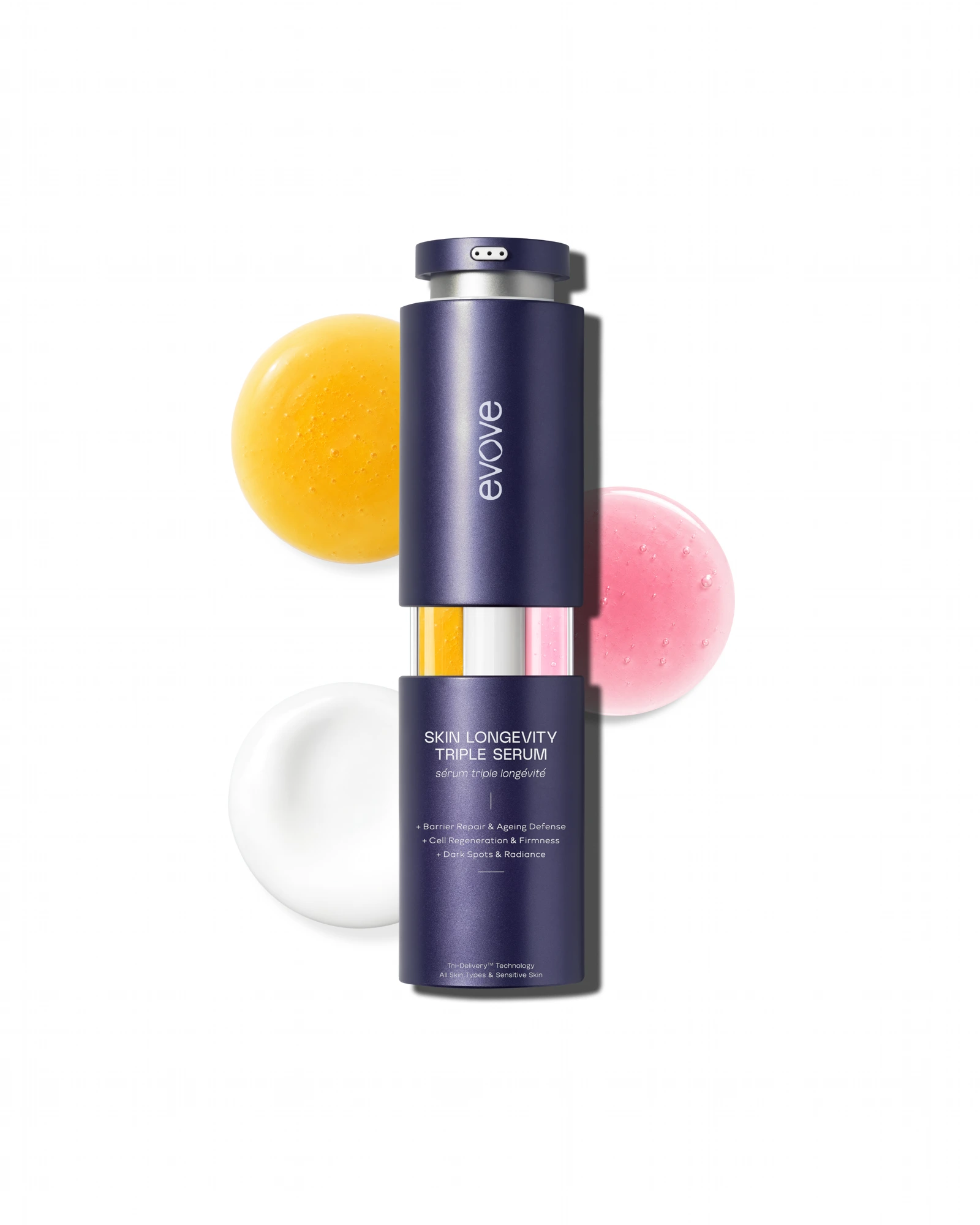 Open Evove triple-chamber serum bottle